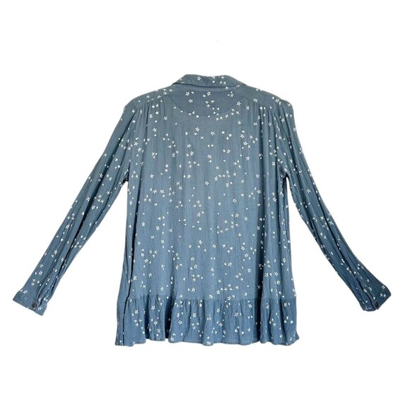Free People Women's Star Print Crinkle Ruffle Long Sleeve Top in Blue - Sz S - Picture 3 of 5